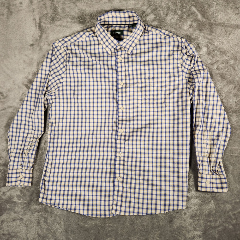 Orvis Button Down Shirt Mens XL Blue Yellow Excellent Active Fit Gingham Check